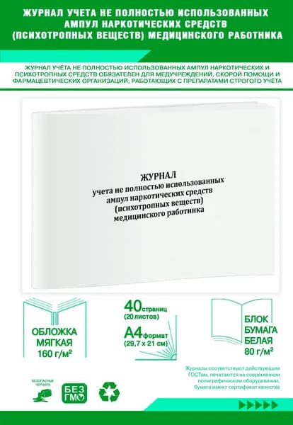 Журнал учета не полностью использованных ампул наркотических средств (психотропных веществ) медицинского работника. 40 страниц