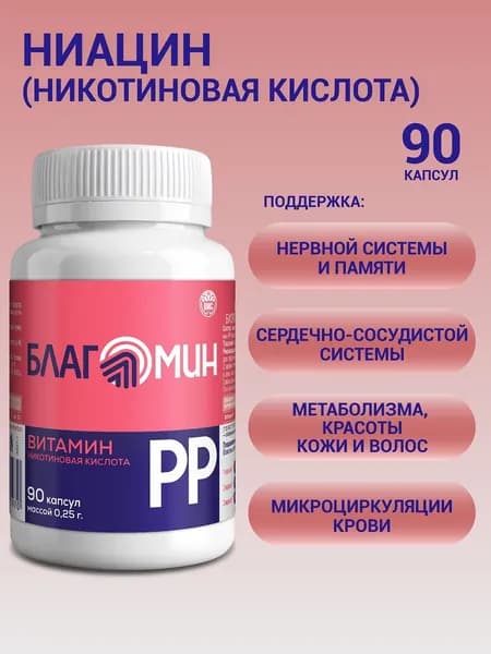 Благомин Витамин РР (никотиновая кислота 20 мг) никотинамид, ниацин - 90 капсул массой 0,25г