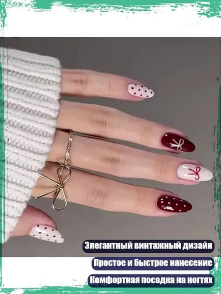 Миндалевидные накладные ногти с бантами и точечным узором для женщин