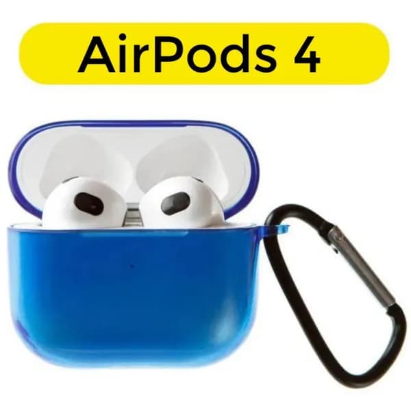 Чехол силиконовый для AirPods 4, синий полупрозрачный с карабином