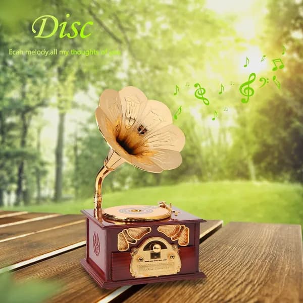 Винтажный музыкальный шкатулка-граммофон с механическим заведением, дерево и металл, бордовый цвет