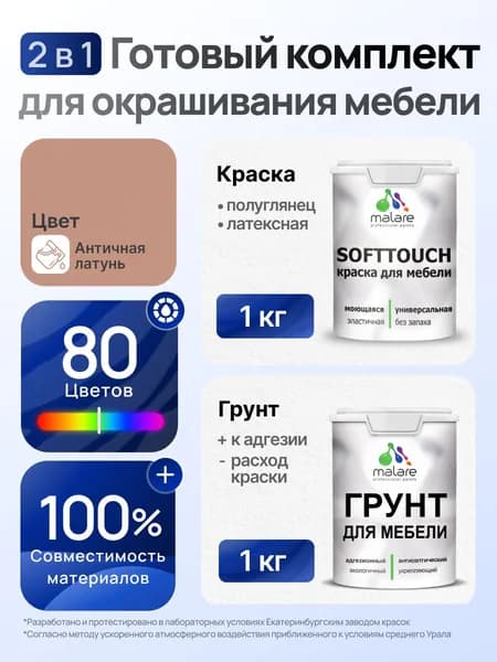 Комплект Malare SoftTouch для окрашивания мебели (1кг грунт + 1 кг краска), акриловый, без запаха, быстросохнущий, полуглянцевый, цвет античная латунь
