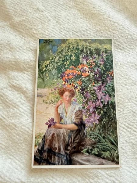 Открытка Германия, Женщина в саду среди цветов, до 1917