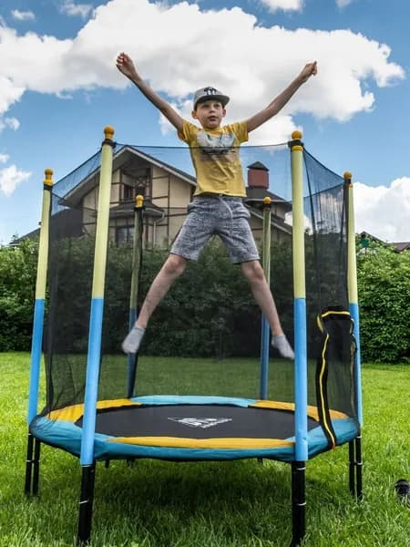 Каркасный батут DFC JUMP KIDS 60" с защитной сеткой, для детей и взрослых, для улицы дома, детский спортивный комплекс, манеж диаметр 150 см до 45 кг, желтый/синий