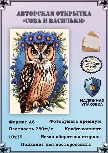 Авторская открытка "Сова и васильки"