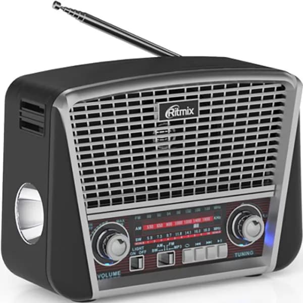 Радиоприемник переносной трехдиапазонный RITMIX RPR-065, ретро-стиль, встроенный светодиодный фонарь, MP3, AM/FM/SW, телескопическая антенна, подсветка, USB/microSD/SD до 32 Гб, AUX IN, питание от сети, аккумулятора и батареек, высокочувствительный прием