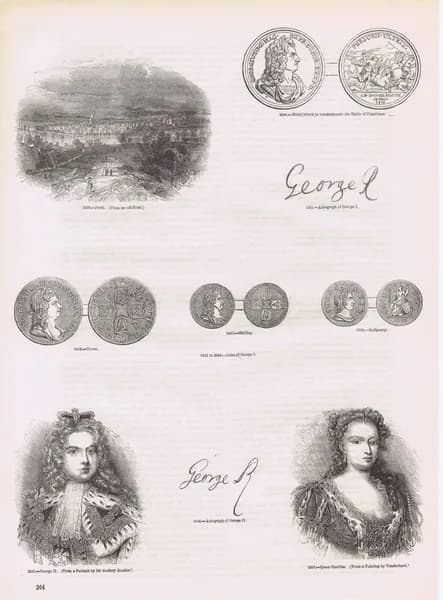 Старая Англия 312. Король Георг II и королева Каролина Бранденбург-Ансбахская, город Перт в Шотландии, медаль и монеты того периода. Антикварная гравюра (ксилография). Англия, 1864 год
