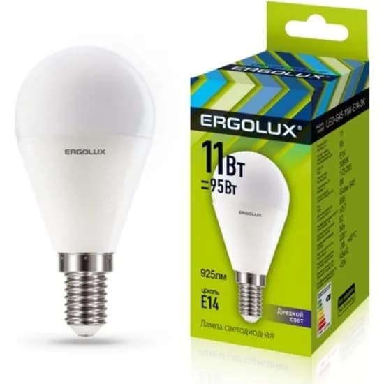 Лампочка Ergolux LED-G45-11W-E14-6K, 11 Вт, 6500 К, 1070 лм (13629 Ergolux)