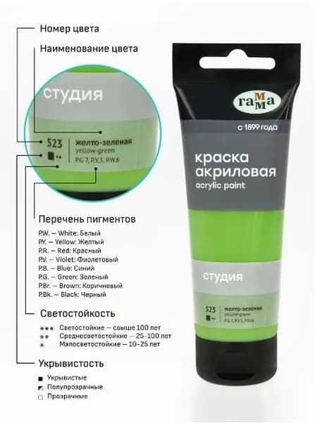 Краска акриловая художественная Гамма "Студия", 75мл, пластиковая туба, желто-зеленая (280220523)