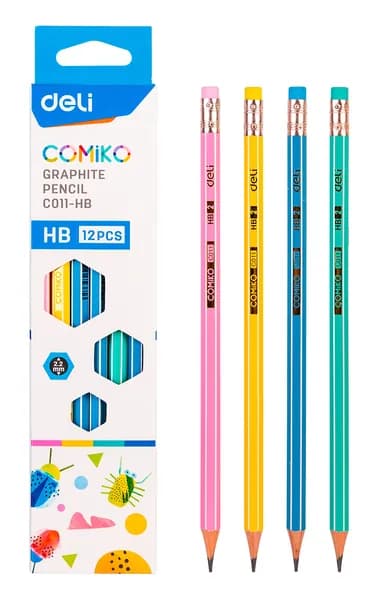 Карандаши простые чернографитные НВ 12 шт., Deli Comiko, шестигранные, липа, с ластиком