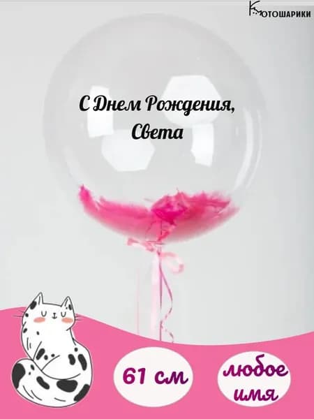 Большой воздушный шар с розовыми перьями с именем Света