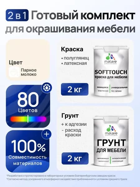 Комплект Malare SoftTouch для окрашивания мебели (2кг грунт + 2кг краска), акриловый, без запаха, быстросохнущий, полуглянцевый, цвет парное молоко