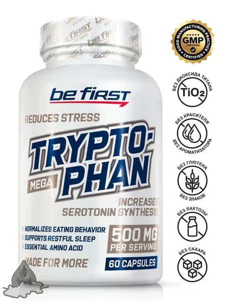 Аминокислота L-триптофан Мега 500мг Be First L-Tryptophan 500 mg Mega 60 капсул / витамины для улучшения сна взрослым, для настроения, для спокойствия и от стресса