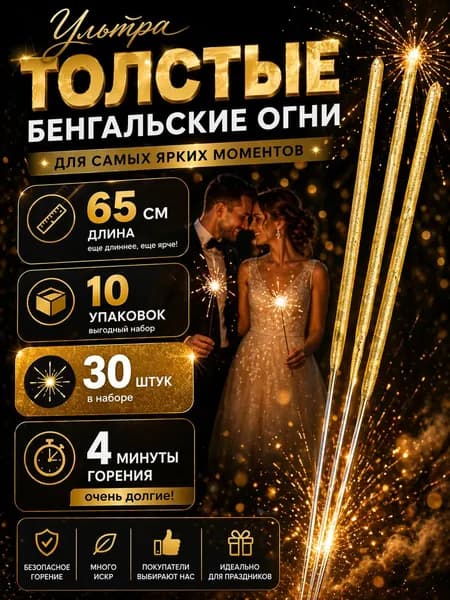 Бенгальские огни на свадьбу Золотые Большие Ультра Толстые 65 см Набор 10 упаковок,30 штук