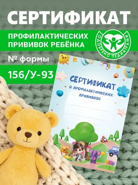 Сертификат профилактических прививок для детей. Форма 156/У-93 для детского сада и школы. Формат А6.