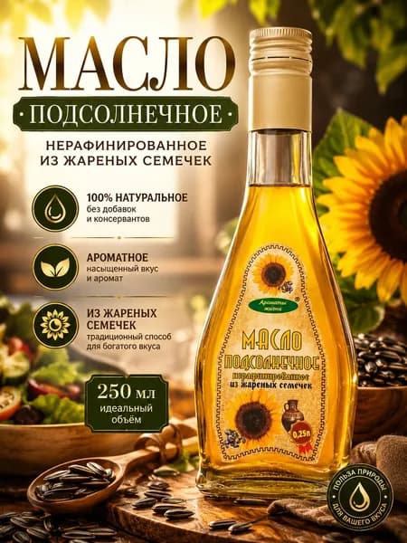 Масло растительное подсолнечное нерафинированное холодного отжима, "Ароматы жизни", 250 мл