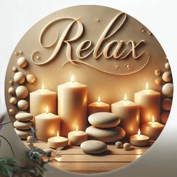 Табличка с надписью Relax и свечами, расслабляющий стиль, металл, декор для ванной и спальни, 20х20 см.