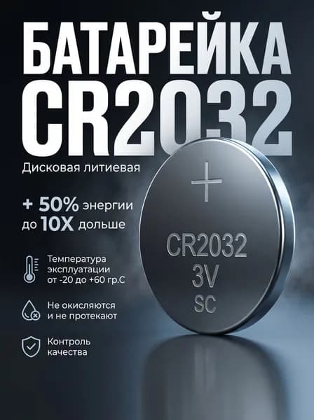 Батарейка CR2032, Li (литиевый) тип, 250 мАч, 3 В