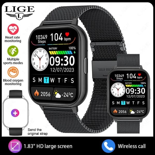 LIGE Смарт-часы 1.83", Bluetooth звонки, измерение пульса, давления, кислорода, сенсорный экран + энкодер, магнитная зарядка, поддержка Android/iOS, 41.5mm, Черный сетчатый пояс