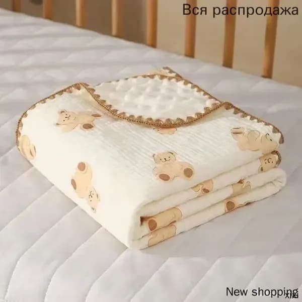 Плед двусторонний, плюшевый Пледы двусторонние муслин+плюш , Хлопок, 100 см х 100 см