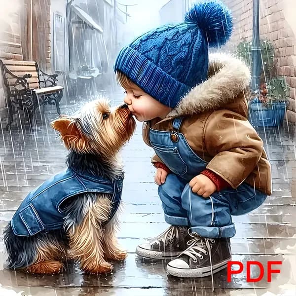 Крестиком вышивка: электронная схема PDF, 40 40 см, мальчик и собака