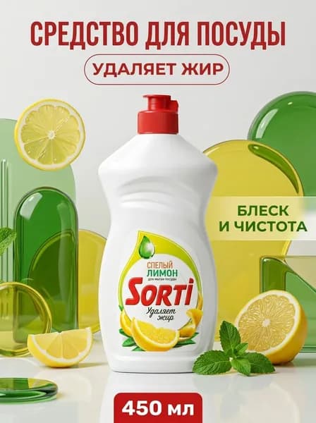 Средство для мытья посуды Лимон Sorti эффективно удаляет жир и придает блеск 450 мл