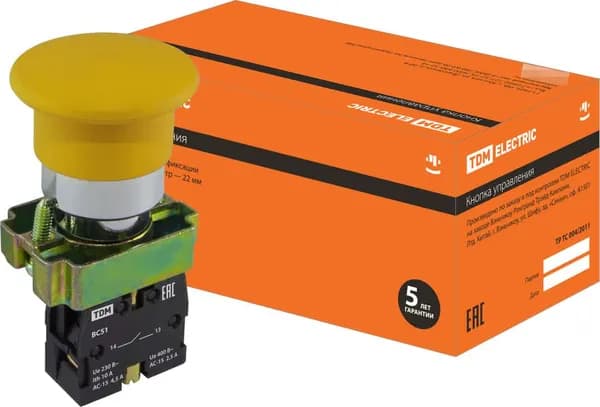 Кнопка управления TDM Electric / ТДМ Электрик BС51, грибок желтая без подсветки, 1з, под отверстие диаметром 22мм, 220В, IP40, SQ0704-0045 / кнопочный пост