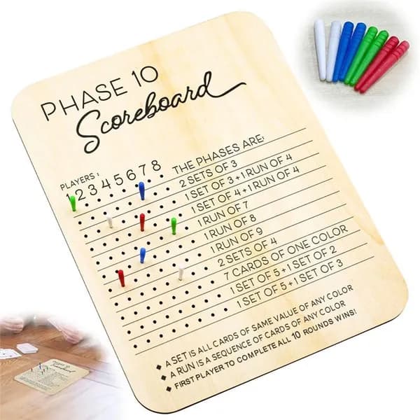 Деревянная счётная доска Phase 10, с 8 цветными колышками для карточных игр и вечеринок