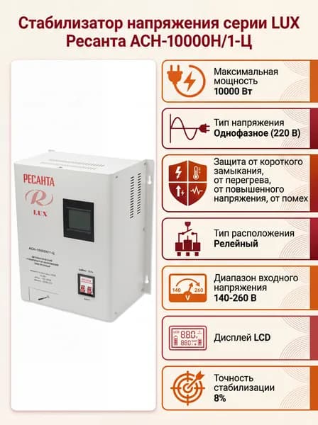 Стабилизатор напряжения Ресанта LUX АСН-10000Н/1-Ц 10000 Вт