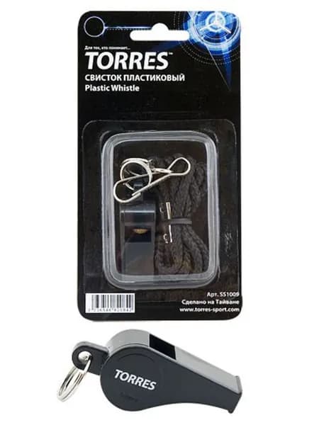 Свисток пластиковый с шариком TORRES SS1009, шнурок с карабином в комплекте, черный