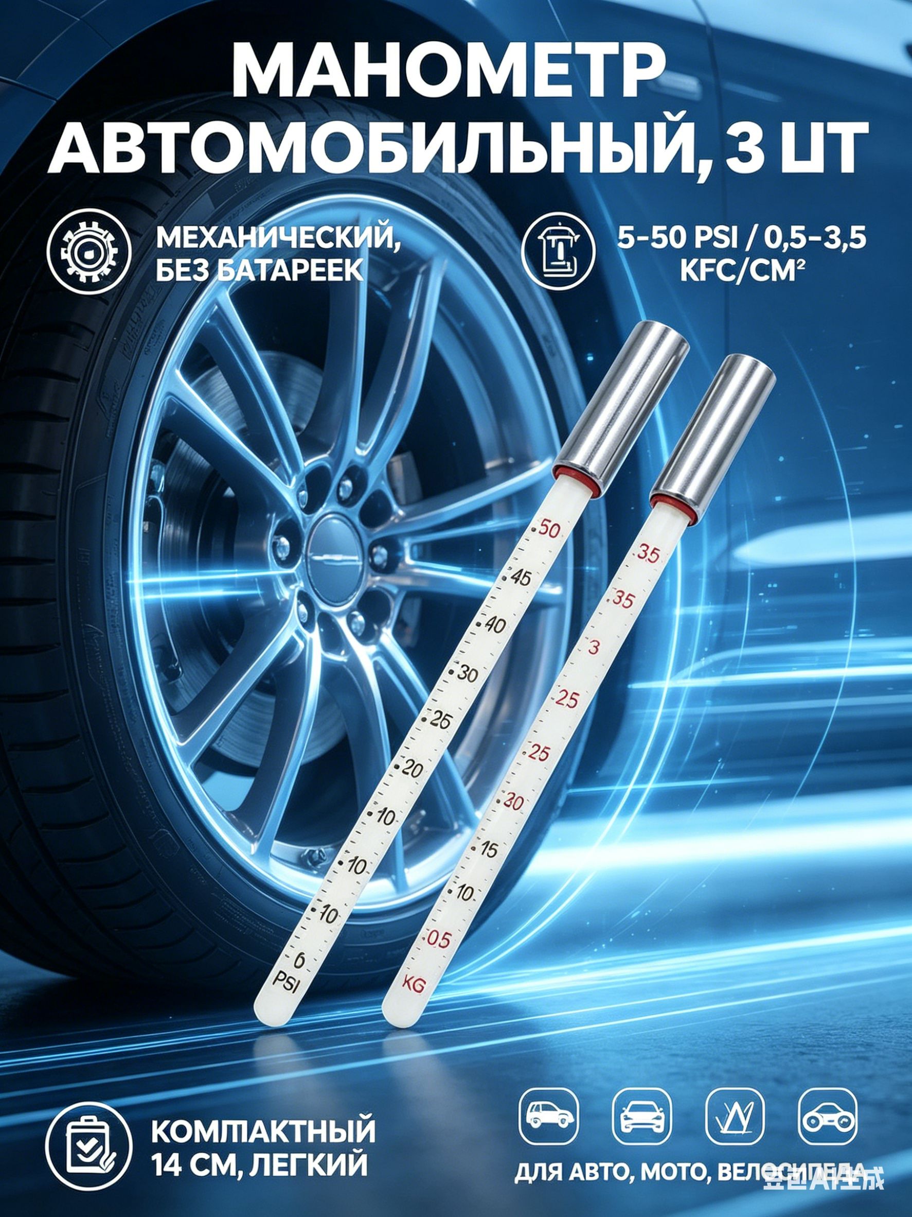 Манометр автомобильный, 3 шт.