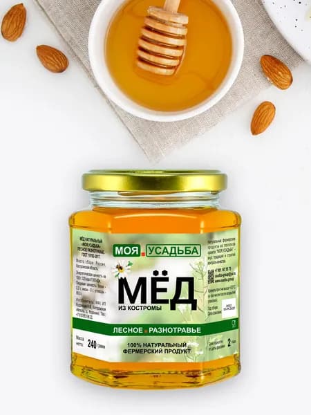 Мёд фермерский МОЯ.УСАДЬБА, Костромской, лесное разнотравье, стекло, 240 г