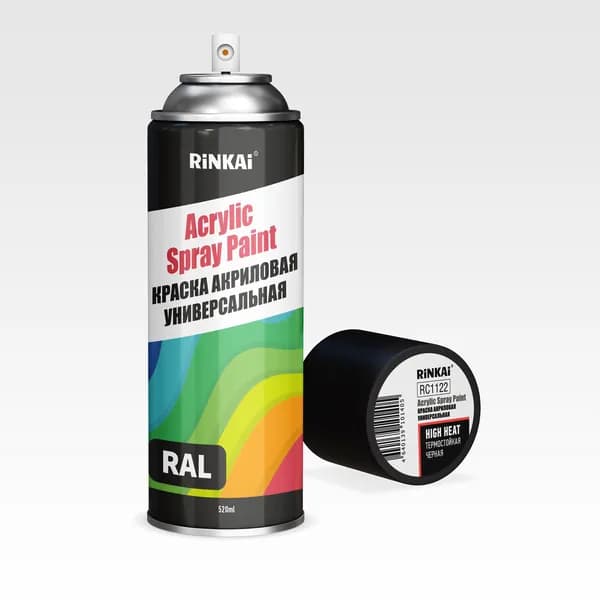 Краска аэрозольная Rinkai Acrylic Spray Paint, акриловая, термостойкая, чёрная, 520мл