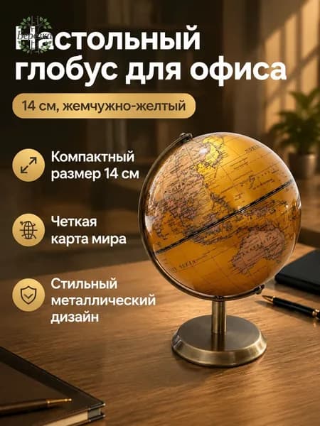 Земной глобус диаметром 14 см, жемчужно-желтый, металлическая подставка