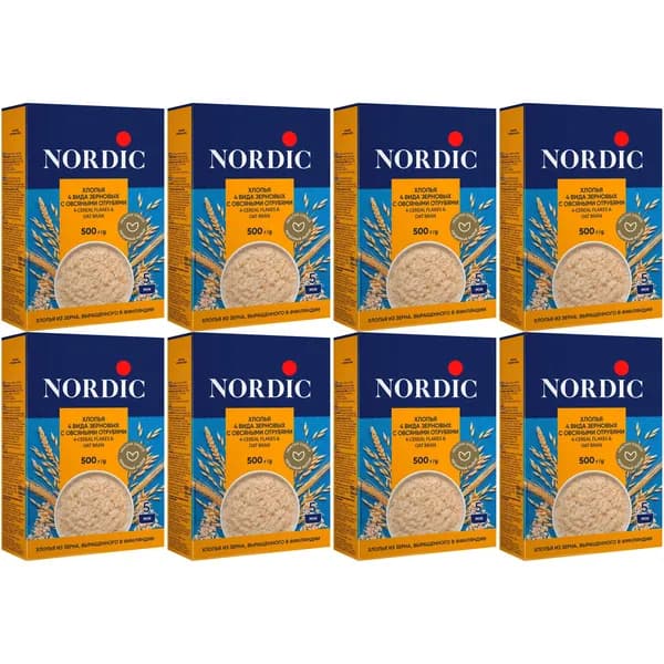 Хлопья Nordic 4 вида зерновых с овсяными отрубями 500 г, набор: 8 штук