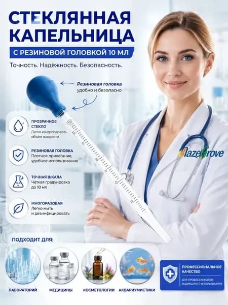 Эксклюзивная пипетка стеклянная 1 штука,Пипетка стеклянная лабораторная 10 мл, мерная градуированная капельница с синим резиновым наконечником для масел и опытов