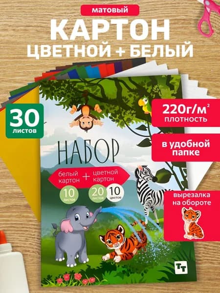 Цветной картон + белый в папке