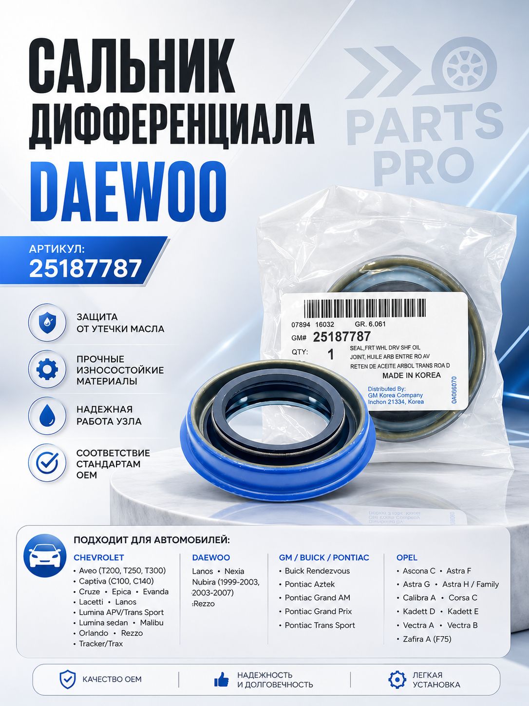 Сальник привода внутренний Chevrolet, Daewoo, Opel, GM, // OEM - 25187787. для а/м Чевролет, Даевоо, Опел, ЖМ