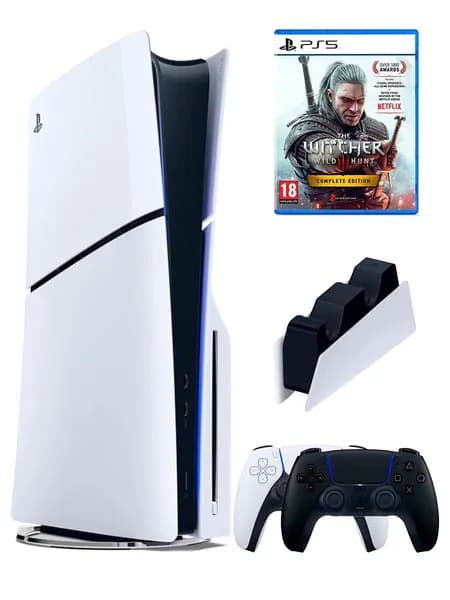 PS5 (ПС5) Игровая приставка Sony PlayStation 5 Slim +2-й геймпад(черный)+зарядное+игра Witcher 3, 1000ГБ