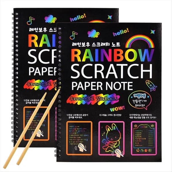 Ярко окрашенные тетради-царапки "Rainbow Art", набор: 12 страниц на пружине, два деревянных стилуса / размер: 26 x 19 см.