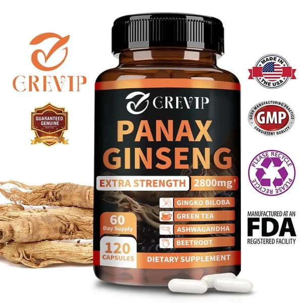 Биологически активная добавка Grevip Panax Ginseng Extra Strength. Женьшень широко используется для повышения энергии, улучшения когнитивных функций и в качестве адаптогена.
