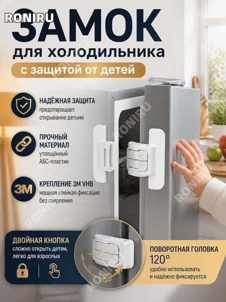Замок для холодильника с детской защитой, утолщенный АБС-пластик и клейкая фиксация 3M VHB, двойная кнопка и поворотная головка 120 градусов