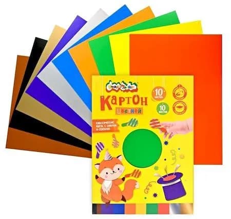 Набор картона Creativiki цветного, мелованного, А4, 10 листов, 10 цветов, волшебного с золотом и серебром, 200 г/м2 КЦВМКМ10