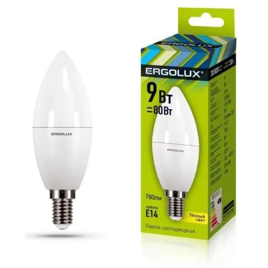 Лампочка Ergolux LED-C35-9W-E14-3K, 9 Вт, 3000 К, 855 лм, свеча (13167 Ergolux)