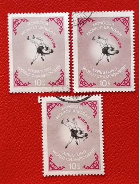 Марки Монголия. 1966. Из Серии: "Чемпионат мира по борьбе, Толедо". Редкость. РАЗНОВИДНОСТИ - разные цвета, См. фото
