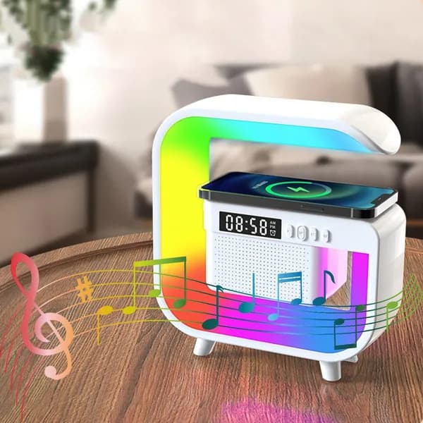 Умный светодиодный RGB светильник, лампа, часы, ночник Bluetooth с беспроводной зарядкой, колонкой и встроенным аккумулятором