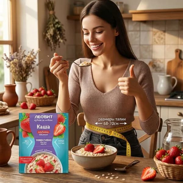Каша овсяная Клубника с витаминами и микроэлементами, 40 г, Леовит, серия Худеем за неделюна фруктозе