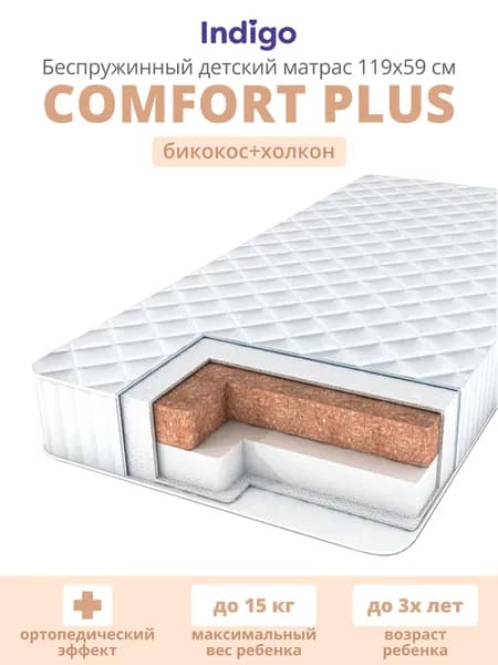 Матрас детский в кроватку для новорожденных Indigo Comfort Plus 120х60, беспружинный, двухсторонний, съемный чехол на молнии, микрофибра
