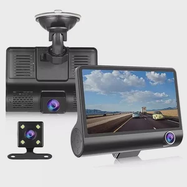 Автомобильный видеорегистратор на присоске VIDEO CARDVR Full HD 1080 / режим записи видео в формате Full HD / с функцией записи аудио / 3 камеры: передняя, салонная, задняя / экран диагональю 4 дюйма