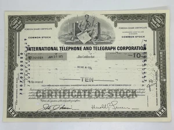Ценная бумага США Телекоммуникаций INTERNATIONAL TELEPHONE & TELEGRAPH CORPORATION, 1970е годы. №10